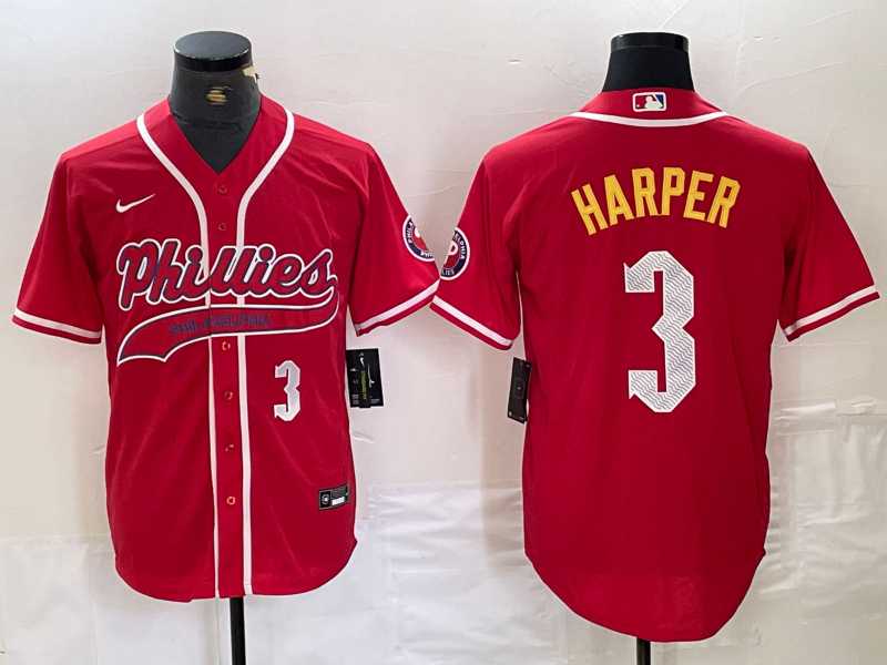 Mens Philadelphia Phillies #3 Bryce Harper Number Red Cool Base Stitched Baseball Jerseys->philadelphia phillies->MLB Jersey